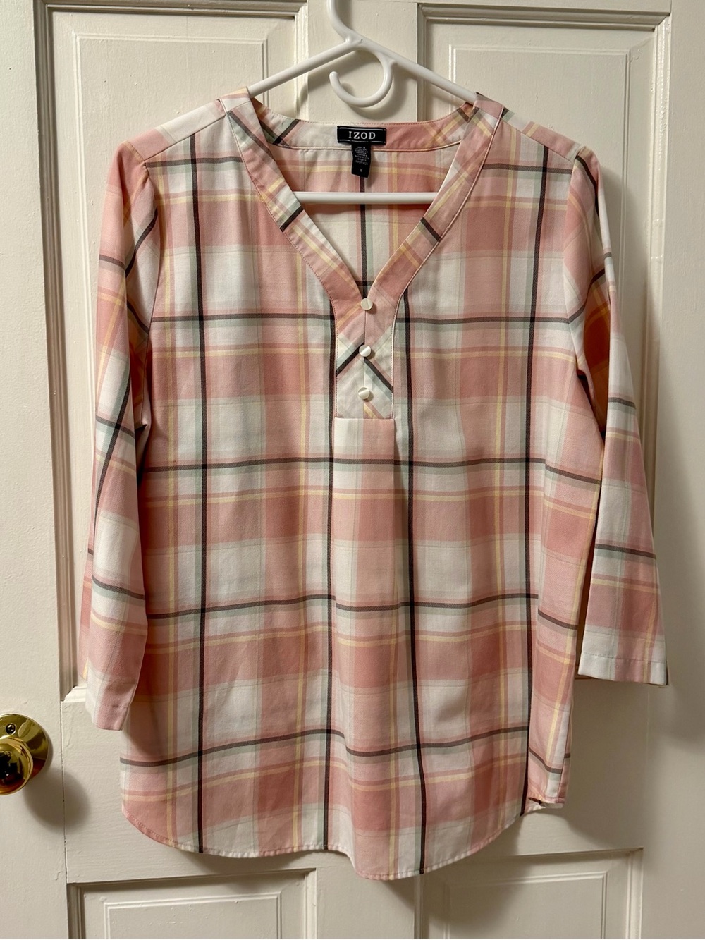 IZOD Women’s Pink White Yellow Black & Green Jacquard Plaid V-Neck Top, M